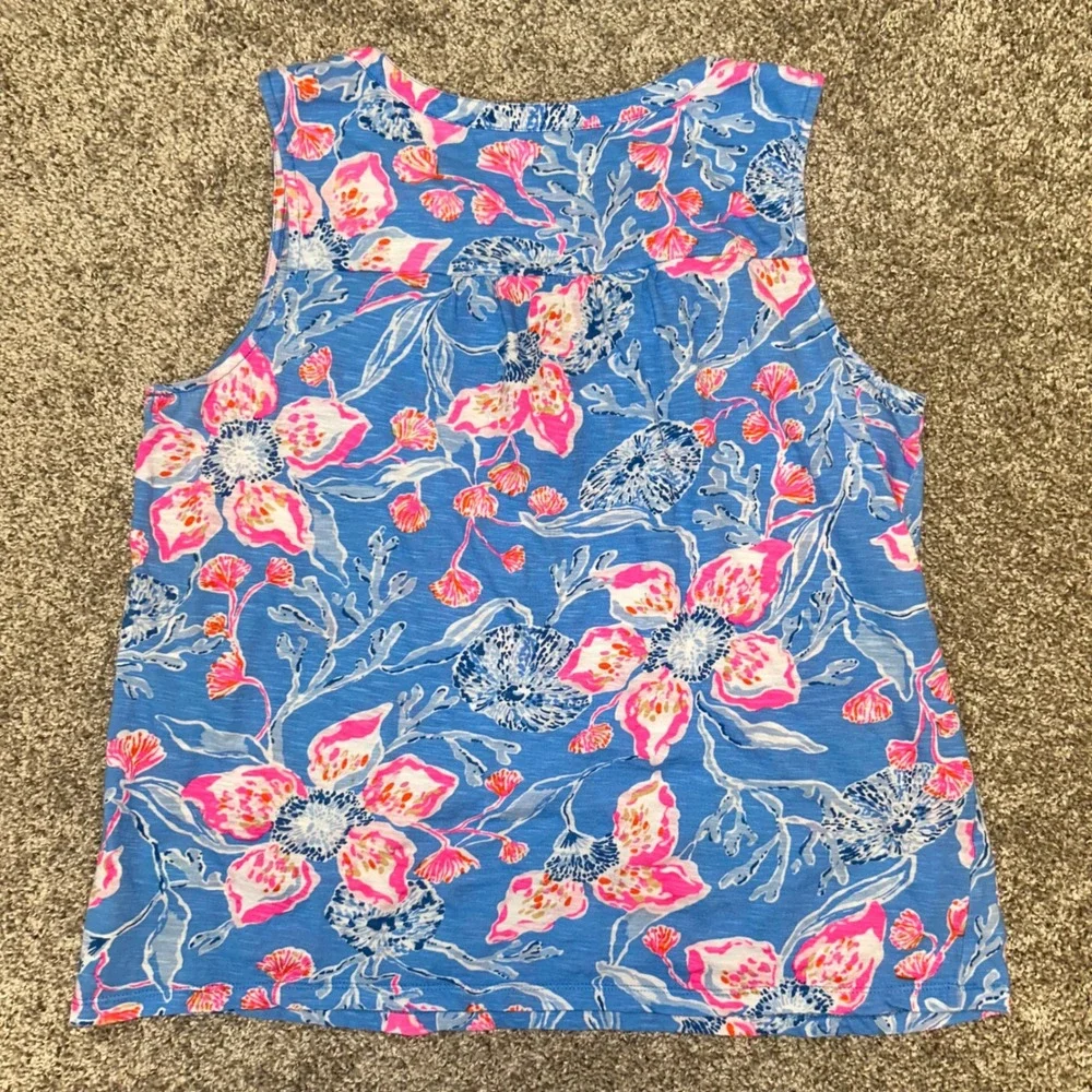Lilly Pulitzer Floral Tank top Women Size Large Cotton V-Neck Blue Pink